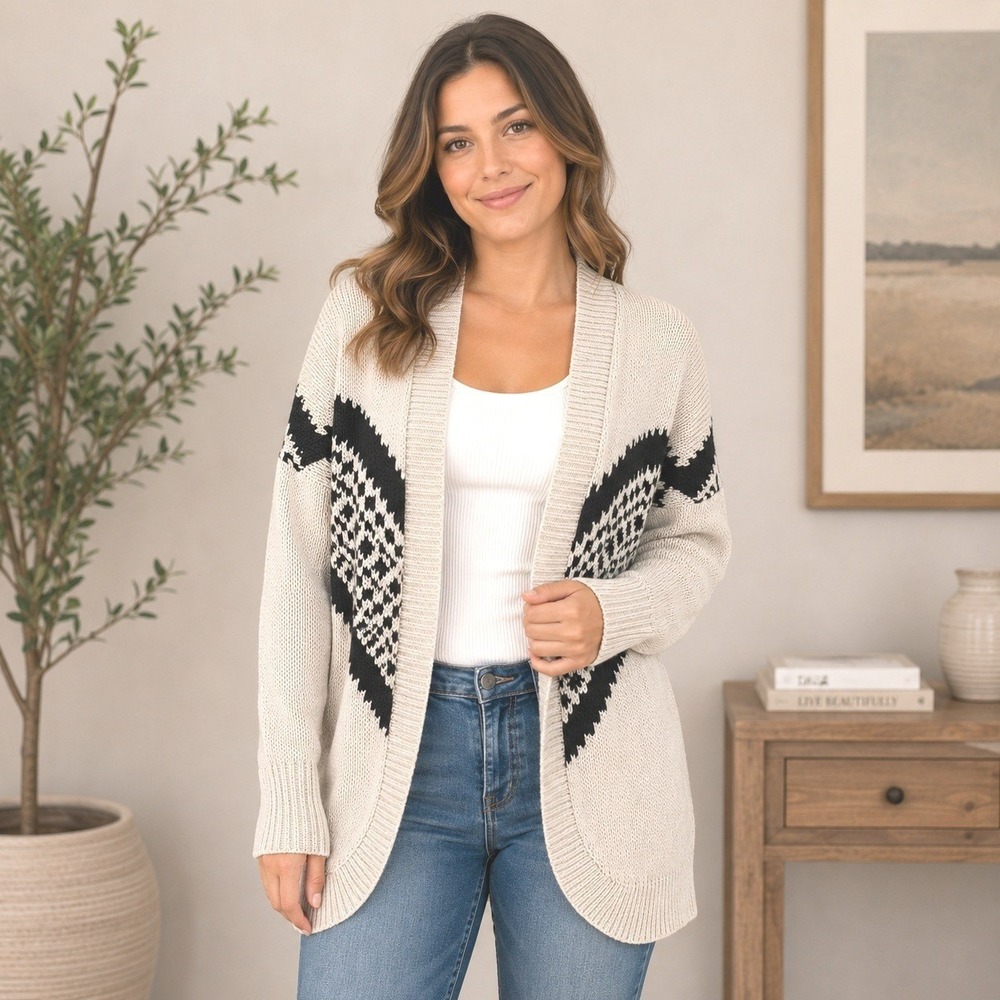 Hollister Cardigan Large Cream Black Geometric Open Front Cozy Grandpa Sweater